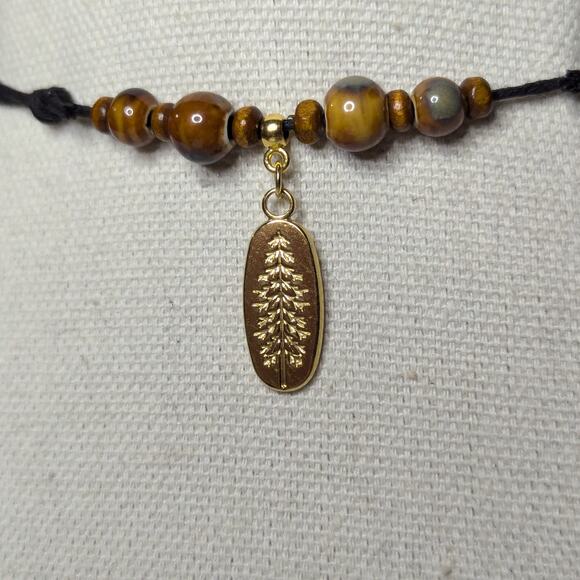 Pine Tree Charm Stainless Steel Ceramic Beaded Brown Gold Hippie Choker Necklace - Picture 3 of 6